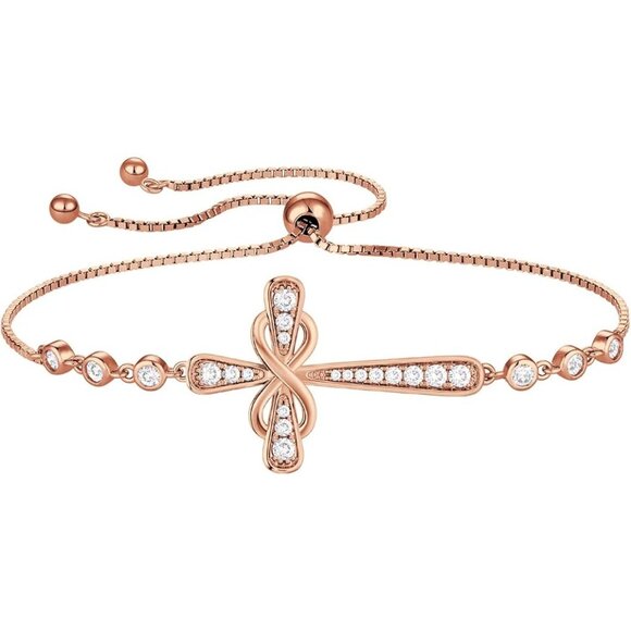 Cross 925 Silver Infinity 6 Stone Bracelet - B: zirconia-Apr-all 18k rose gold